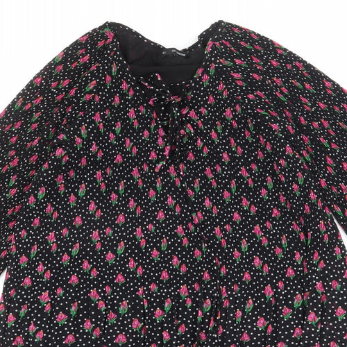 Sfera Womens Black Geometric Polyester A-Line Size S V-Neck Lace Up