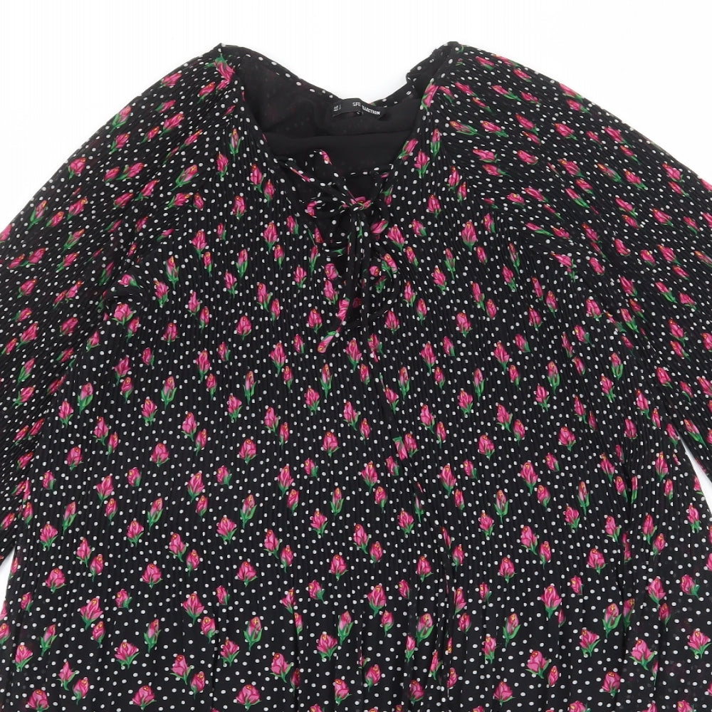 Sfera Womens Black Geometric Polyester A-Line Size S V-Neck Lace Up