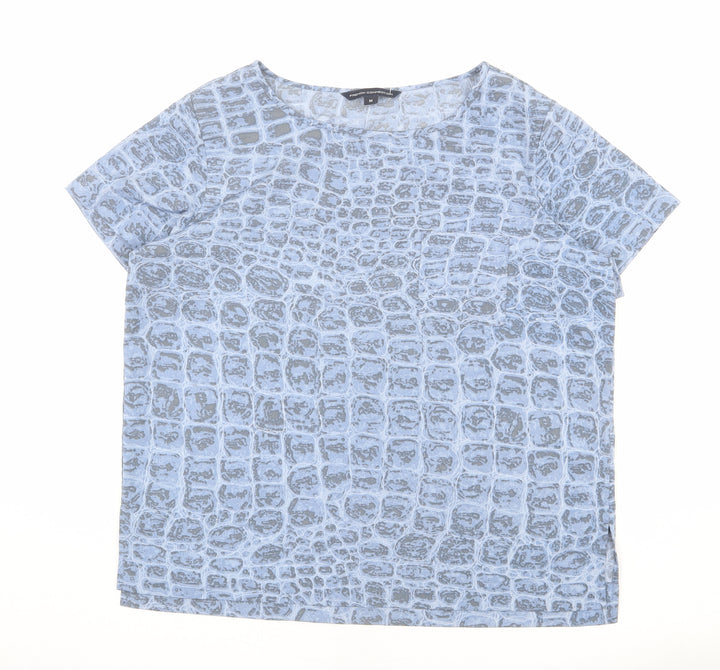 French Connection Womens Blue Geometric Polyester Basic T-Shirt Size M Round Neck