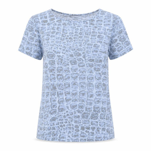 Front view of French Connection women’s blue geometric polyester basic t-shirt, size M, round neck
