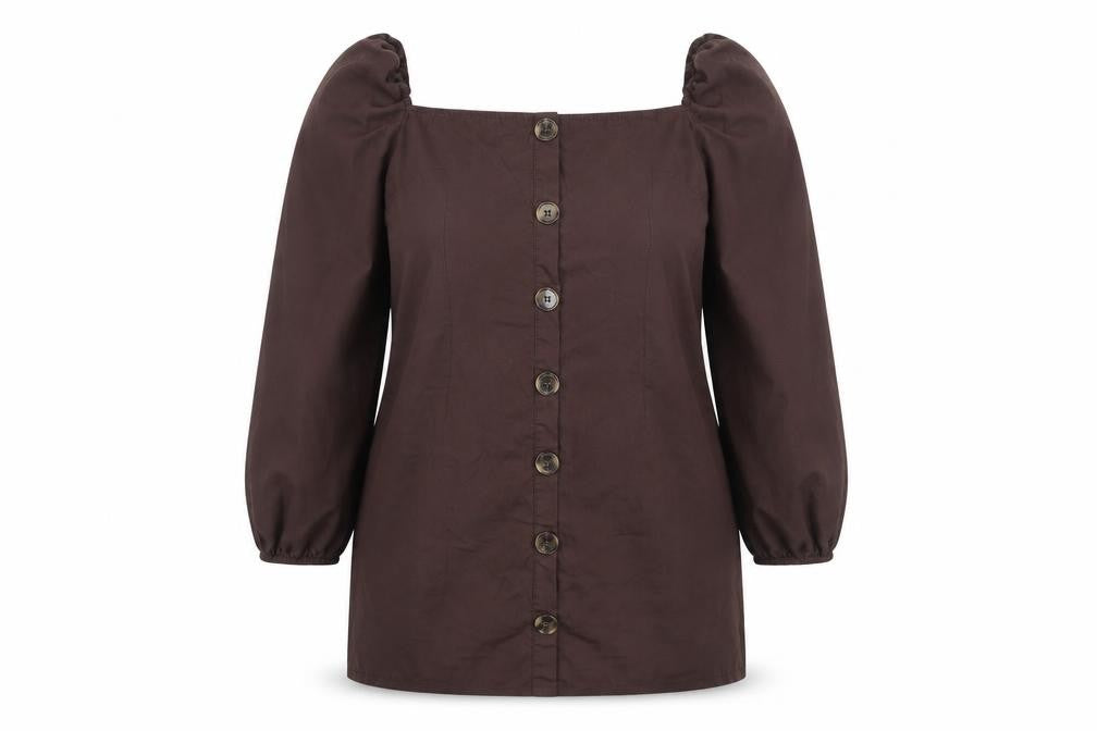 Front view of PRETTYLITTLETHING women’s brown polyester mini, size UK 14, square neck pullover