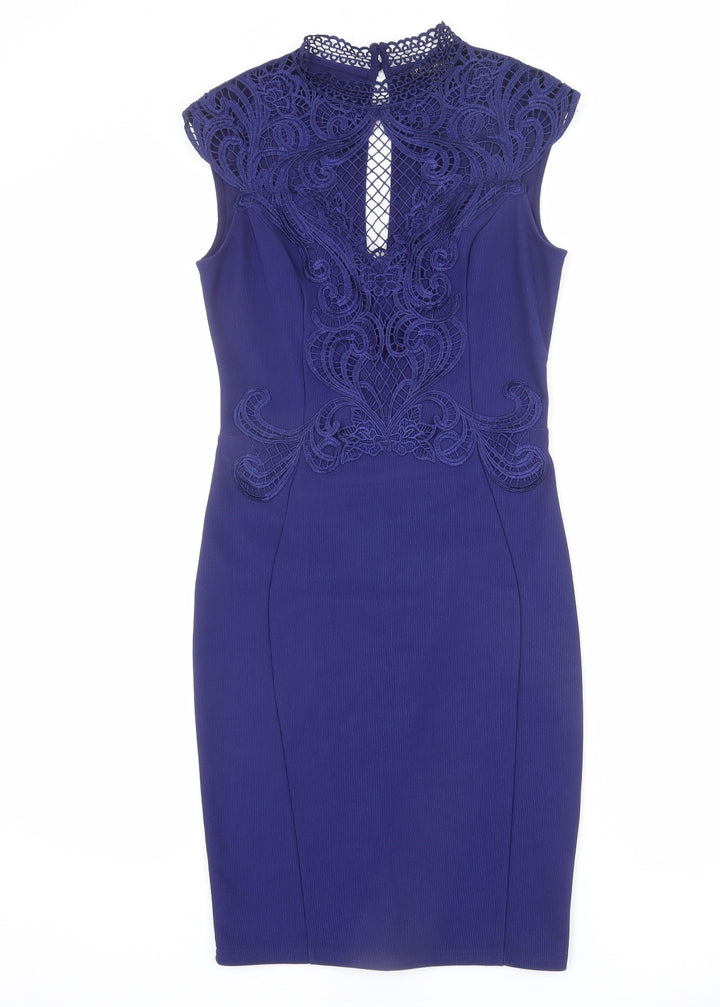 Lipsy Womens Blue Polyester Pencil Dress Size 10 Mock Neck Zip