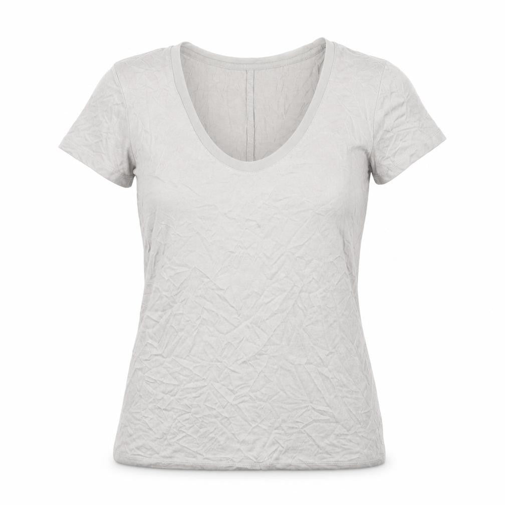 Front view of Gap women’s grey viscose basic t-shirt, size M, scoop neck