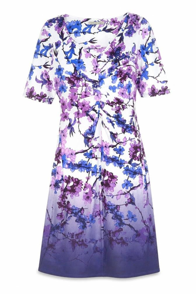 Front view of Marks & Spencer women’s multicoloured floral polyester shift, size UK 12, v-neck pullover - ombre
