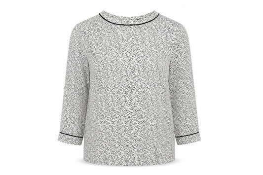 Front view of H&M women’s ivory geometric polyester basic blouse, size UK 8, round neck