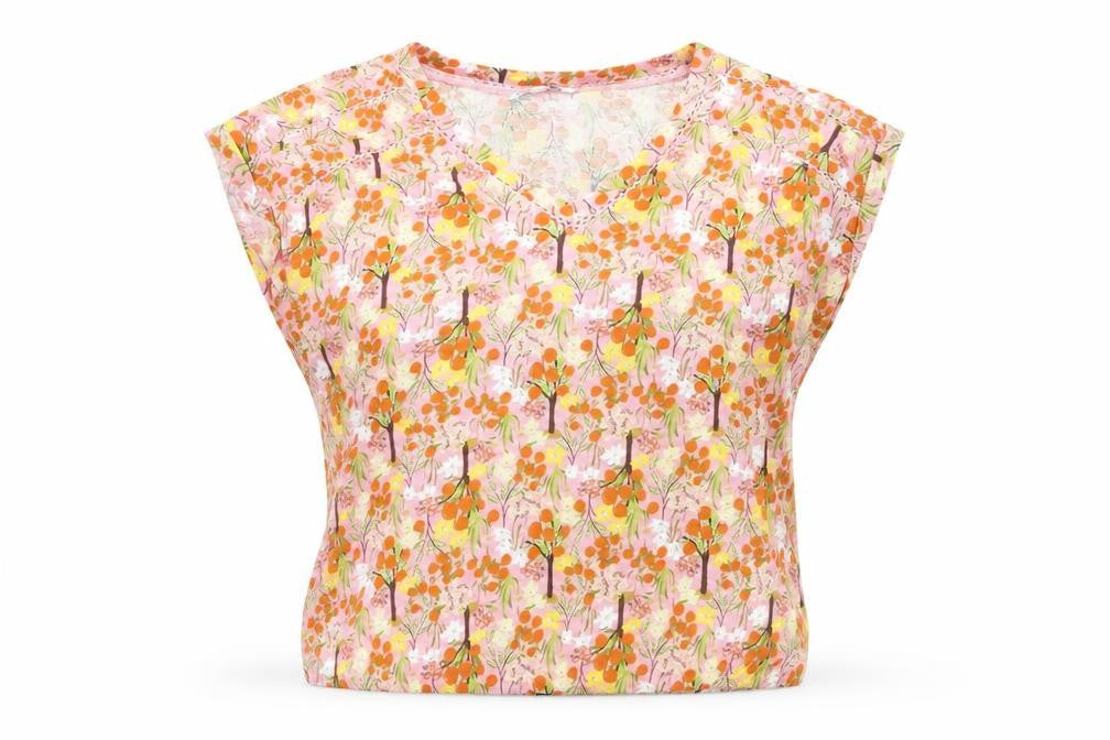 Front view of Next women’s multicoloured floral 100% cotton basic t-shirt, size UK 6, v-neck