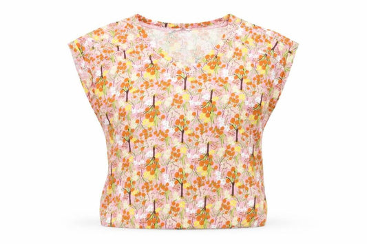 Front view of Next women’s multicoloured floral 100% cotton basic t-shirt, size UK 6, v-neck