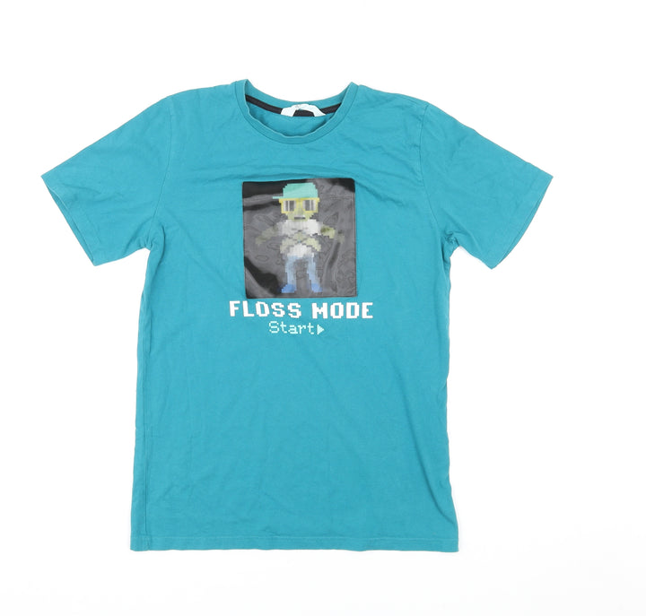 H&M Boys Blue Cotton Basic T-Shirt Size 12-13 Years Round Neck Pullover - Floss Mode