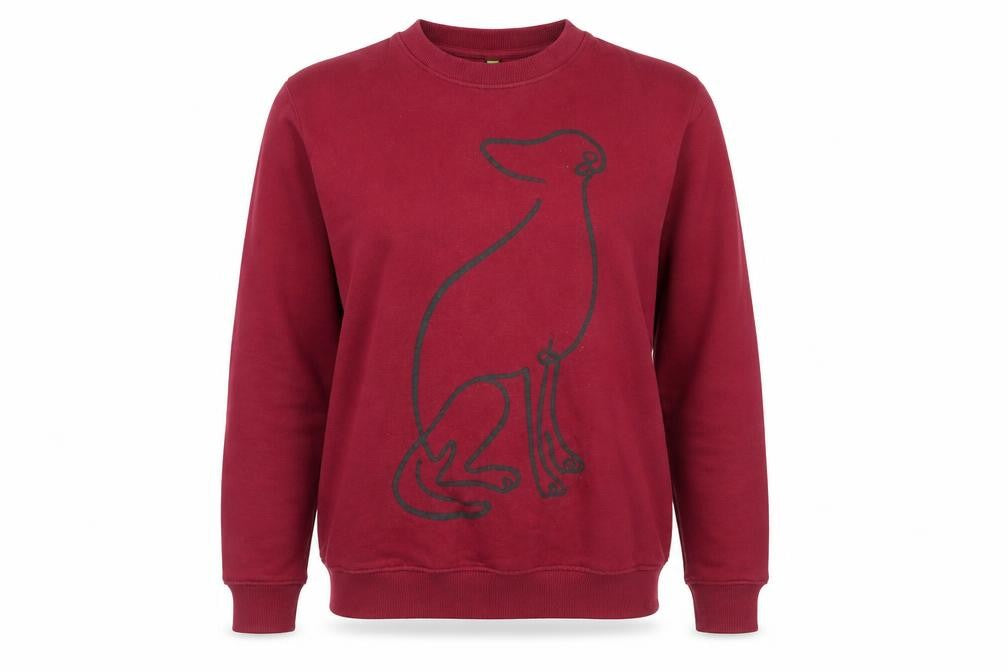 Front view of Teemill women’s red cotton pullover sweatshirt, size UK 10, pullover - cat