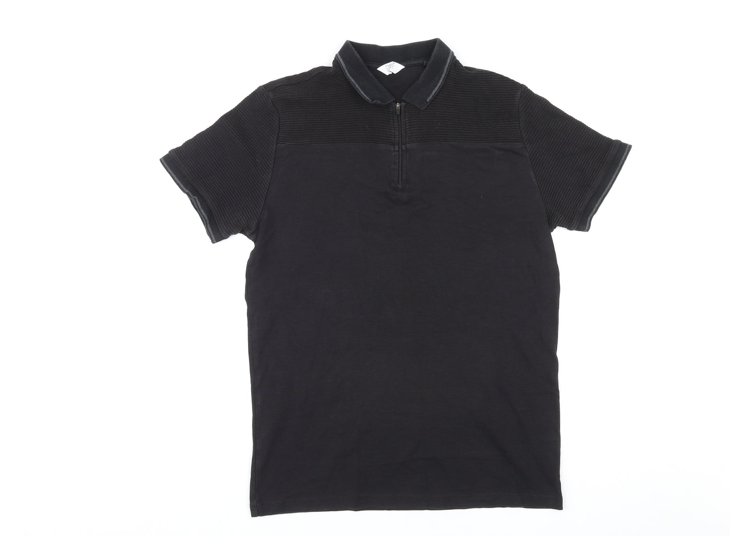 NEXT Mens Black Cotton Polo Size M Collared Zip - Ribbed