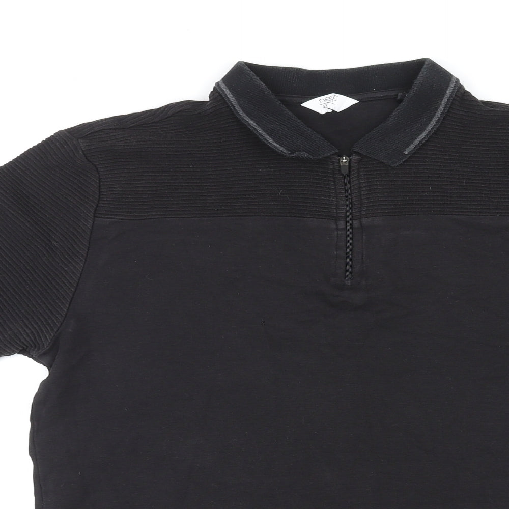 NEXT Mens Black Cotton Polo Size M Collared Zip - Ribbed