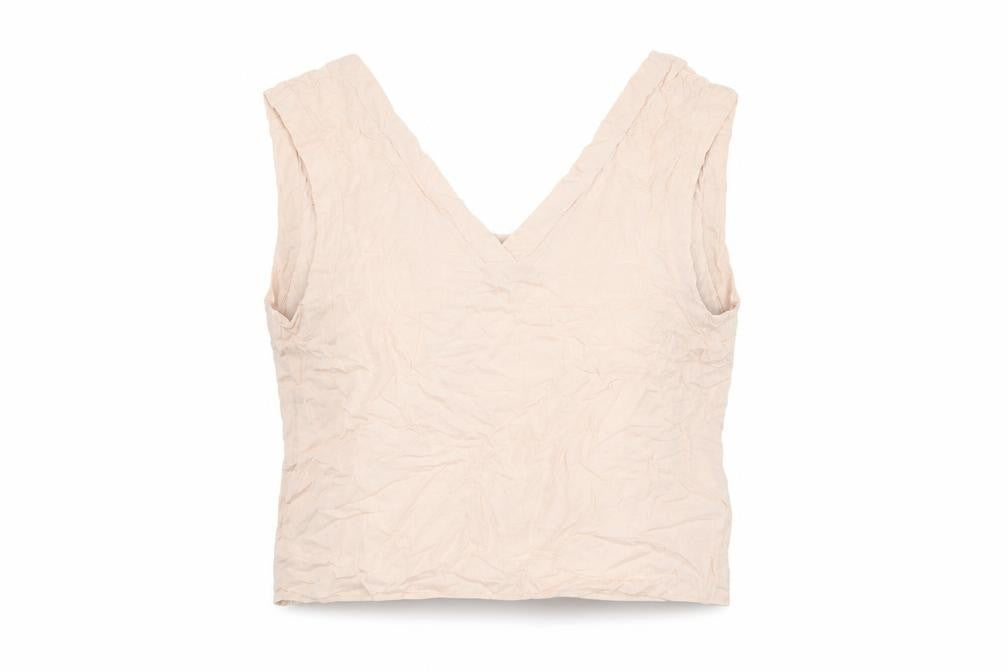 Front view of River Island women’s pink viscose cropped tank, size UK 14, v-neck