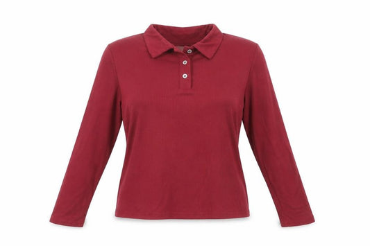 Front view of Coast women’s red polyester basic t-shirt, size L, collared