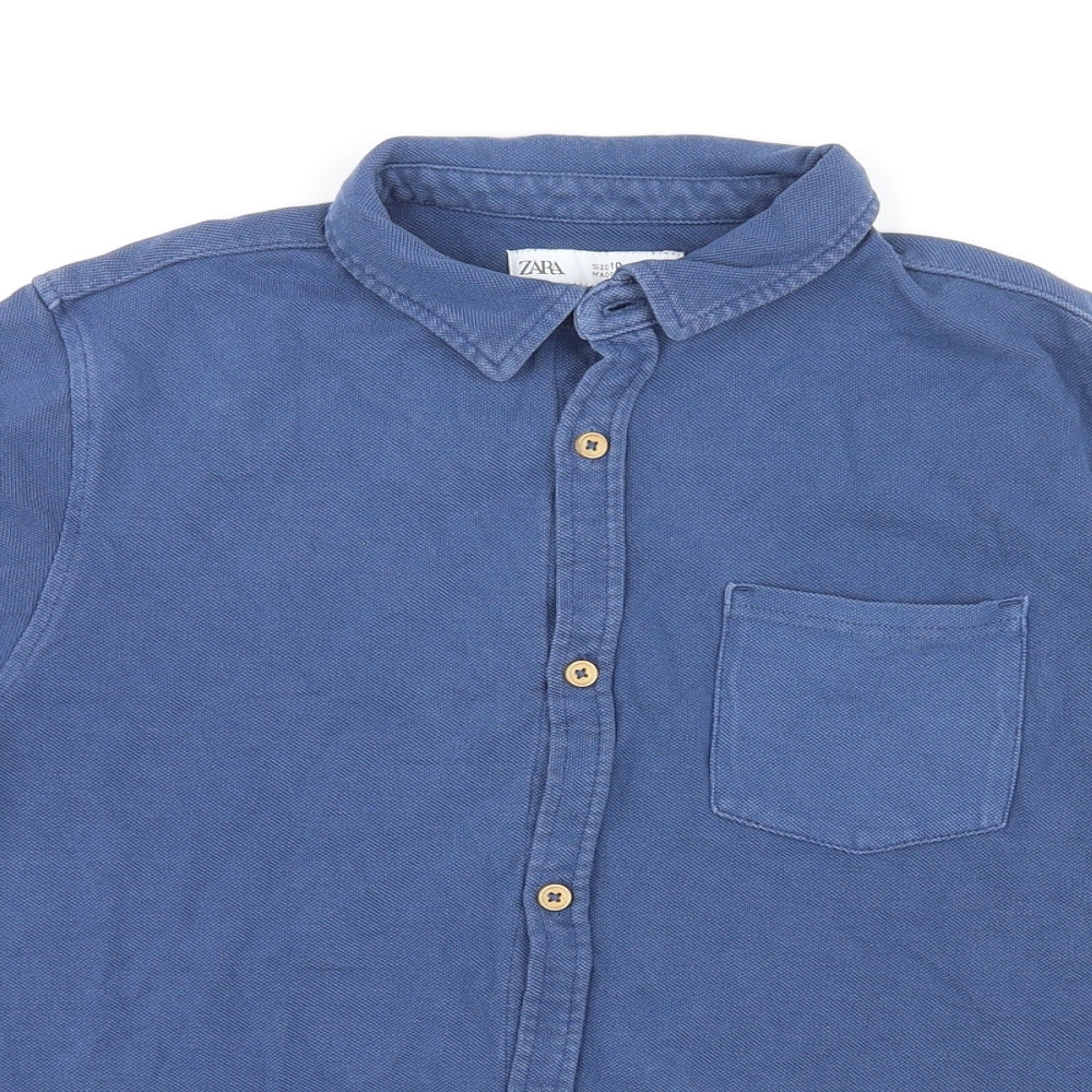 Zara Womens Blue Cotton Basic Button-Up Size 10 Collared