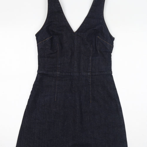 Moto Womens Blue Cotton Pinafore/Dungaree Dress Size 10 V-Neck Zip