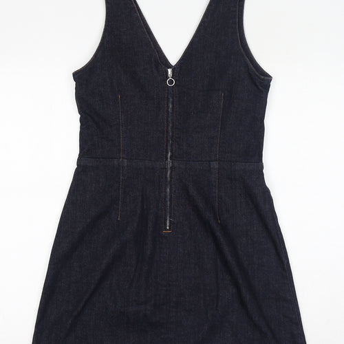 Moto Womens Blue Cotton Pinafore/Dungaree Dress Size 10 V-Neck Zip