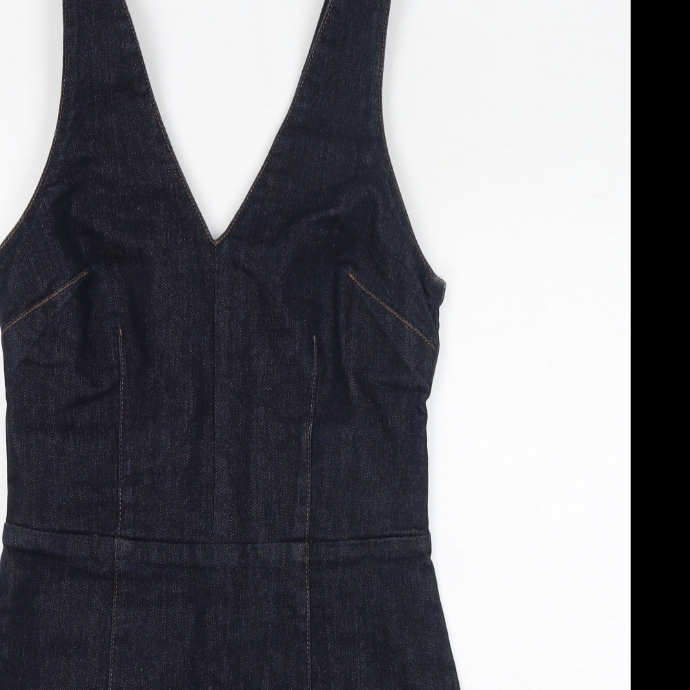 Moto Womens Blue Cotton Pinafore/Dungaree Dress Size 10 V-Neck Zip