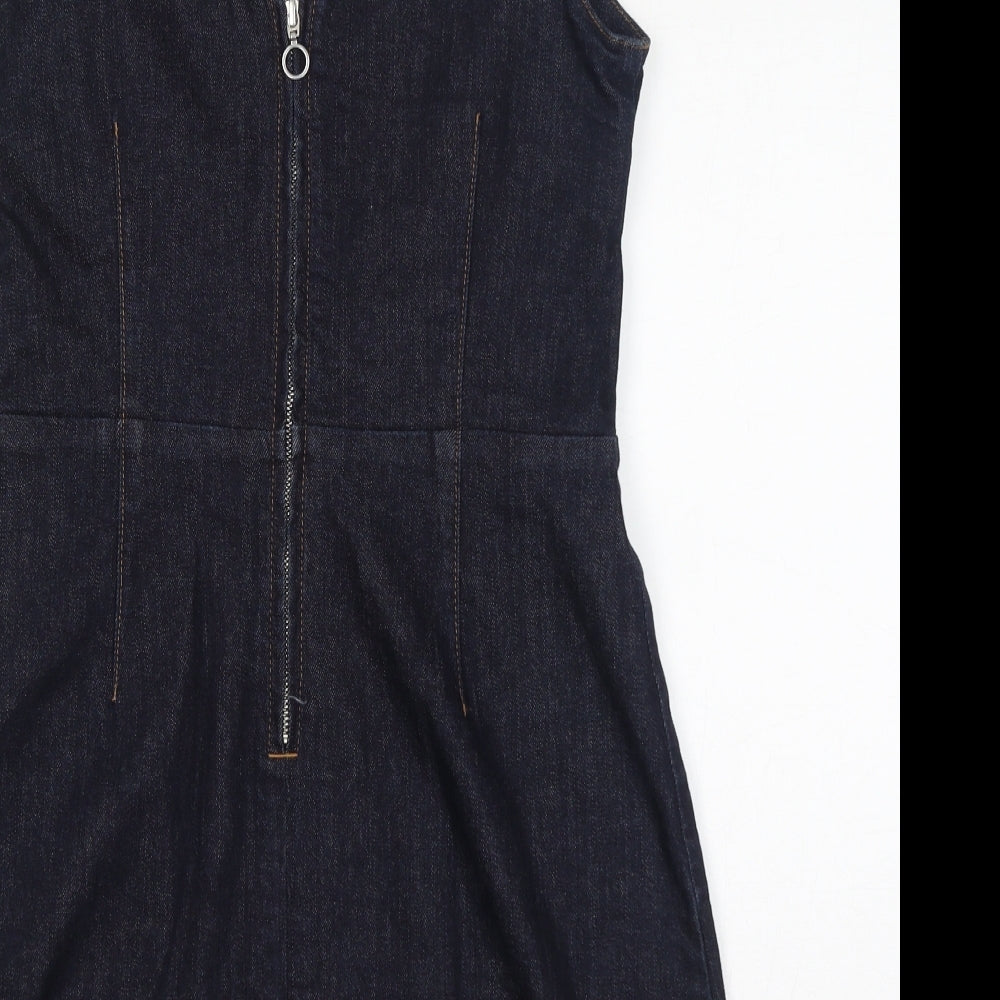 Moto Womens Blue Cotton Pinafore/Dungaree Dress Size 10 V-Neck Zip