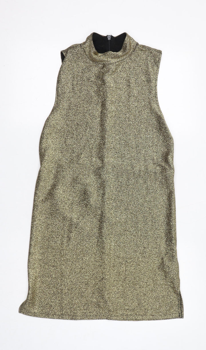 Topshop Womens Gold Viscose A-Line Size 10 Mock Neck Zip