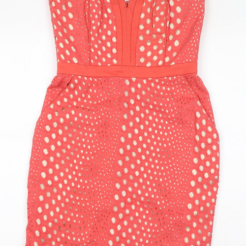 Warehouse Womens Pink Polka Dot Cotton Pencil Dress Size 10 V-Neck Zip