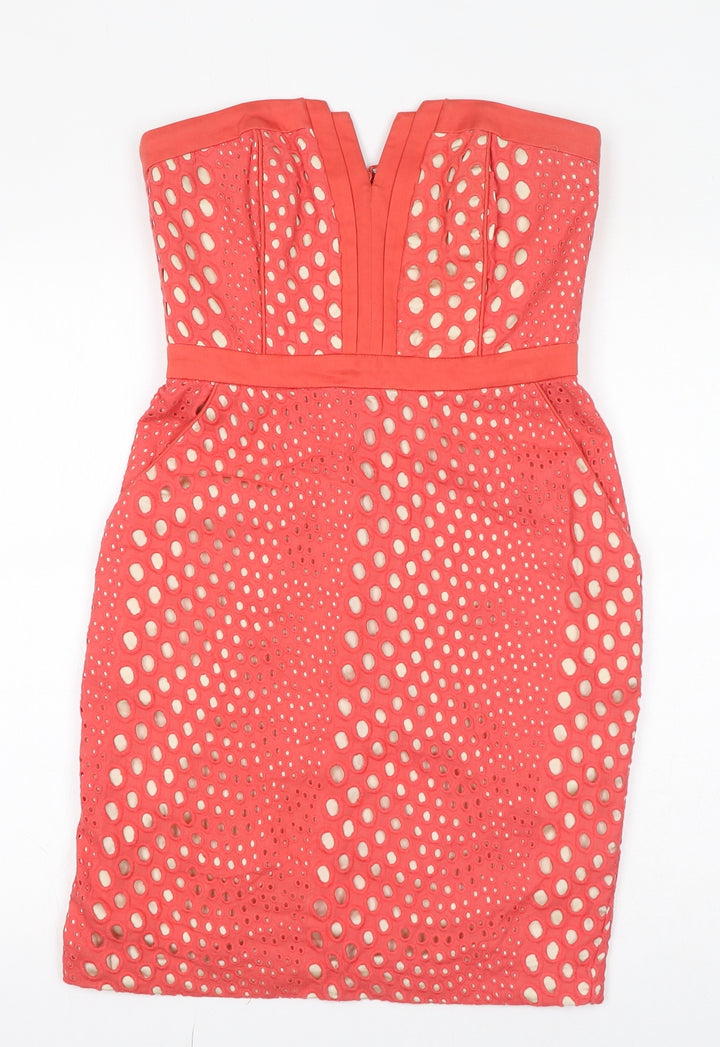 Warehouse Womens Pink Polka Dot Cotton Pencil Dress Size 10 V-Neck Zip