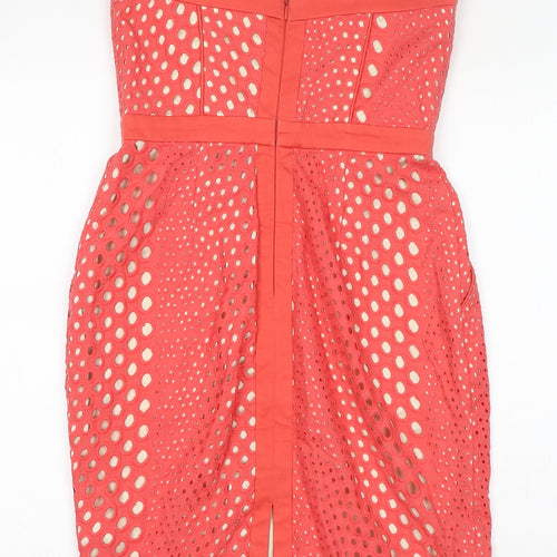 Warehouse Womens Pink Polka Dot Cotton Pencil Dress Size 10 V-Neck Zip