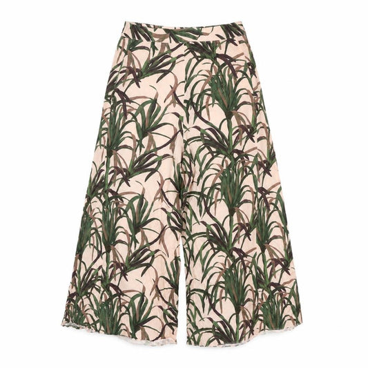 Front view of ASOS women’s pink geometric viscose cropped trousers, size UK 10, 20-inch leg regular zip - plant print