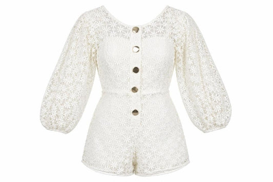 Front view of ASOS women’s white floral polyester playsuit one-piece, size UK 8, 13-inch leg zip - open back