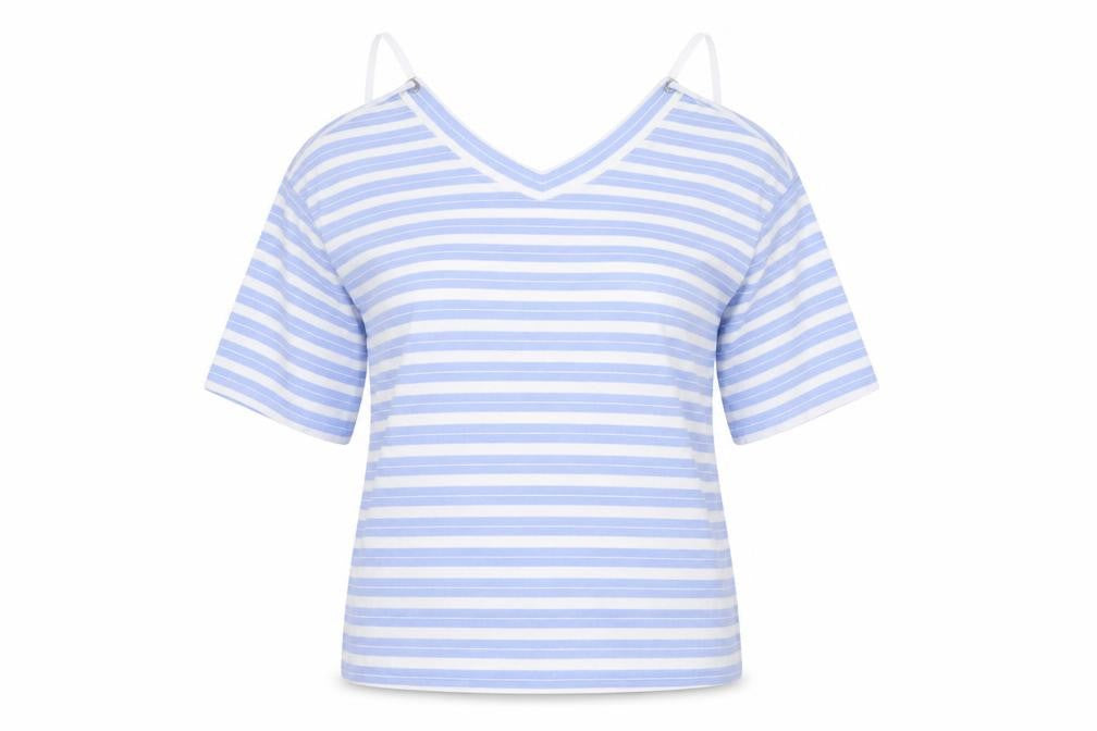Front view of Limited Edition women’s blue striped viscose basic blouse, size UK 10, halter