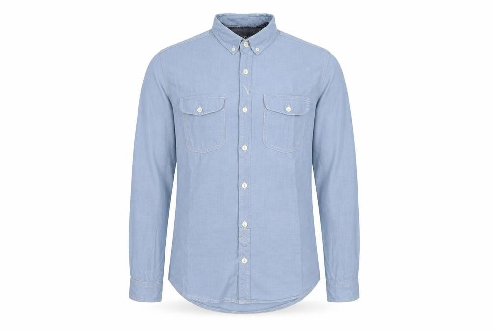 Front view of Next men’s blue cotton button-up, size S, collared