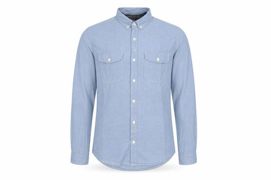 Front view of Next men’s blue cotton button-up, size S, collared