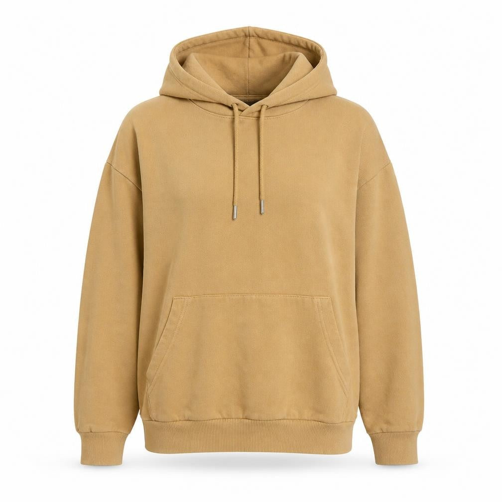 Front view of ASOS women’s beige cotton pullover hoodie, size XS, pullover