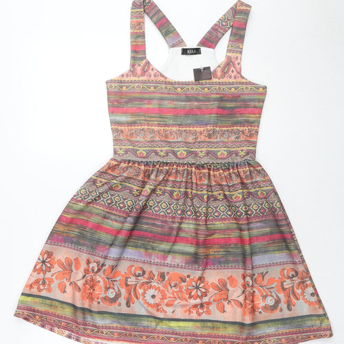 Kiah Womens Multicoloured Geometric Polyester Pinafore/Dungaree Dress Size 12 Round Neck Pullover