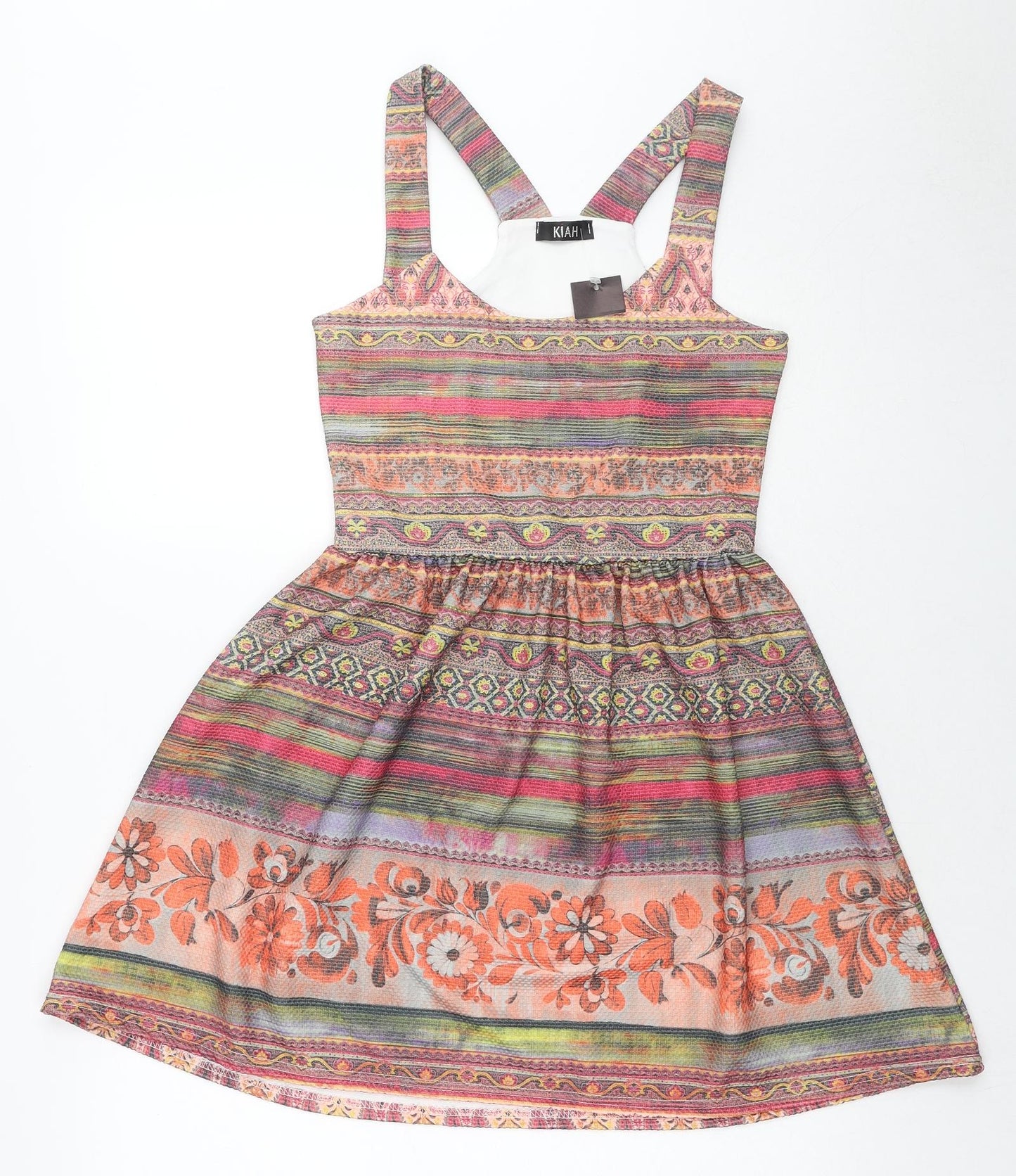 Kiah Womens Multicoloured Geometric Polyester Pinafore/Dungaree Dress Size 12 Round Neck Pullover