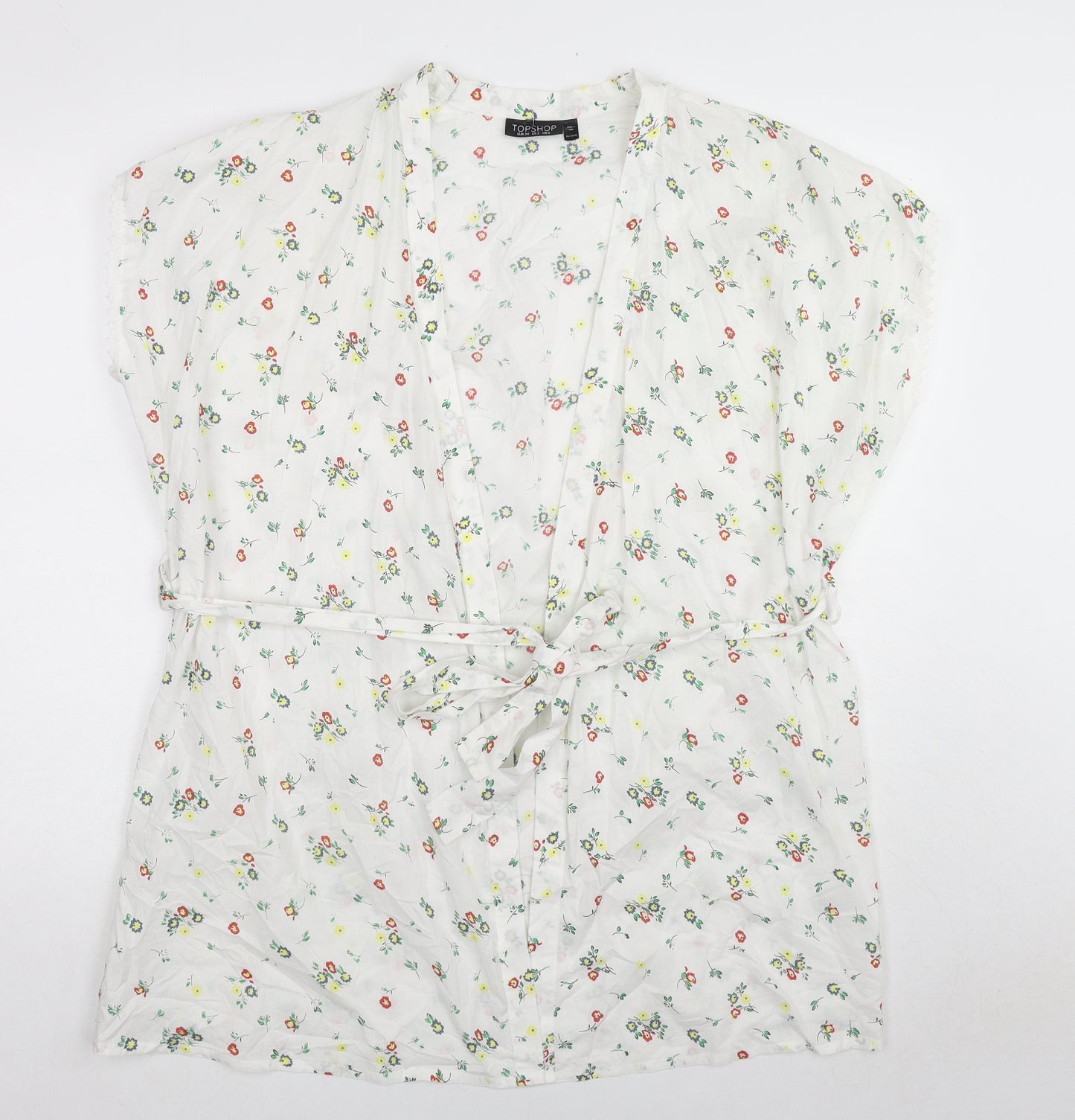 Topshop Womens White Floral Cotton Kimono Blouse Size 6 V-Neck