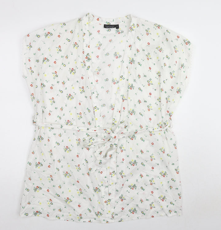 Topshop Womens White Floral Cotton Kimono Blouse Size 6 V-Neck