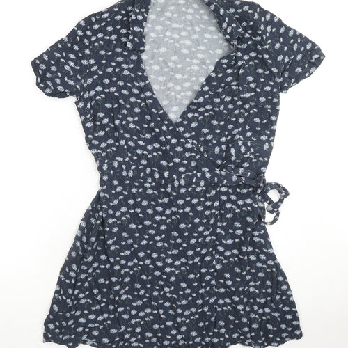 Jack Wills Womens Blue Floral Viscose Wrap Dress Size 8 Collared Tie