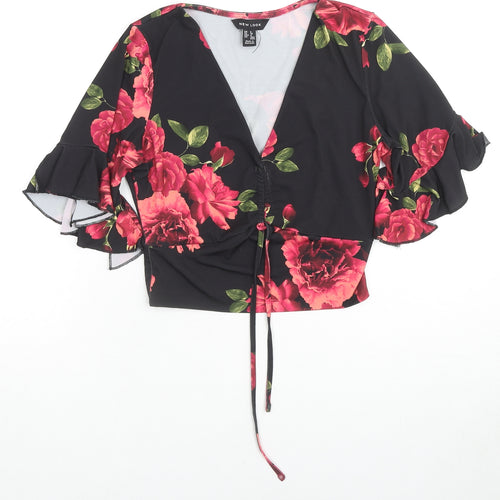 New Look Womens Multicoloured Floral Polyester Cropped Blouse Size 8 V-Neck