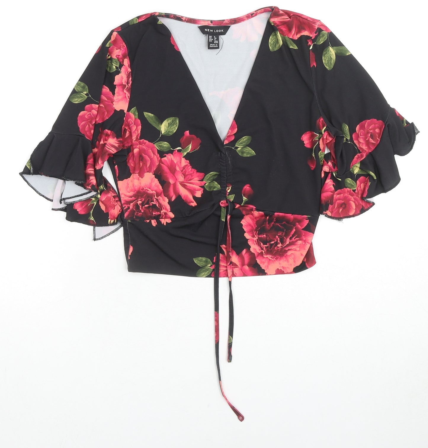 New Look Womens Multicoloured Floral Polyester Cropped Blouse Size 8 V-Neck