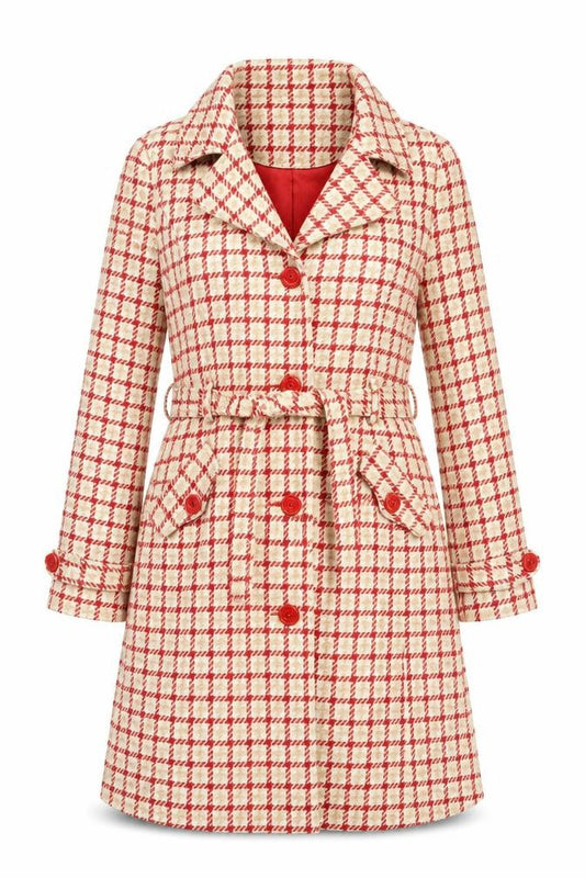Front view of PACO women’s beige plaid overcoat coat, size S, button