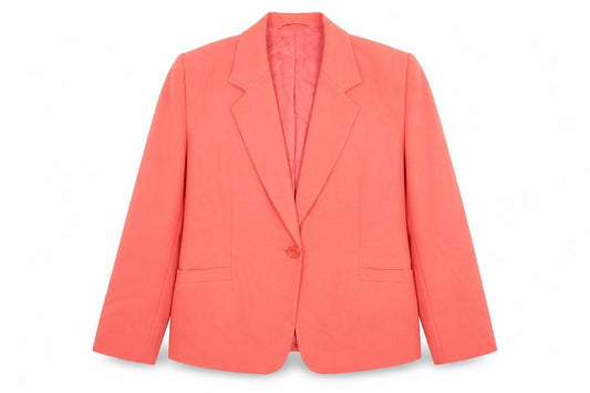 Front view of Essentials women’s pink jacket blazer, size UK 14, button