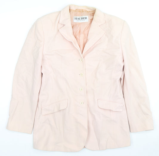 Front view of Hauber women’s beige jacket blazer, size UK 12, button