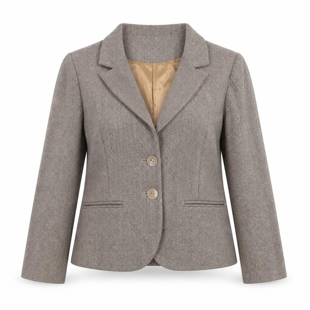 Front view of Ronit Zilkha women’s beige geometric jacket blazer, size UK 10, button