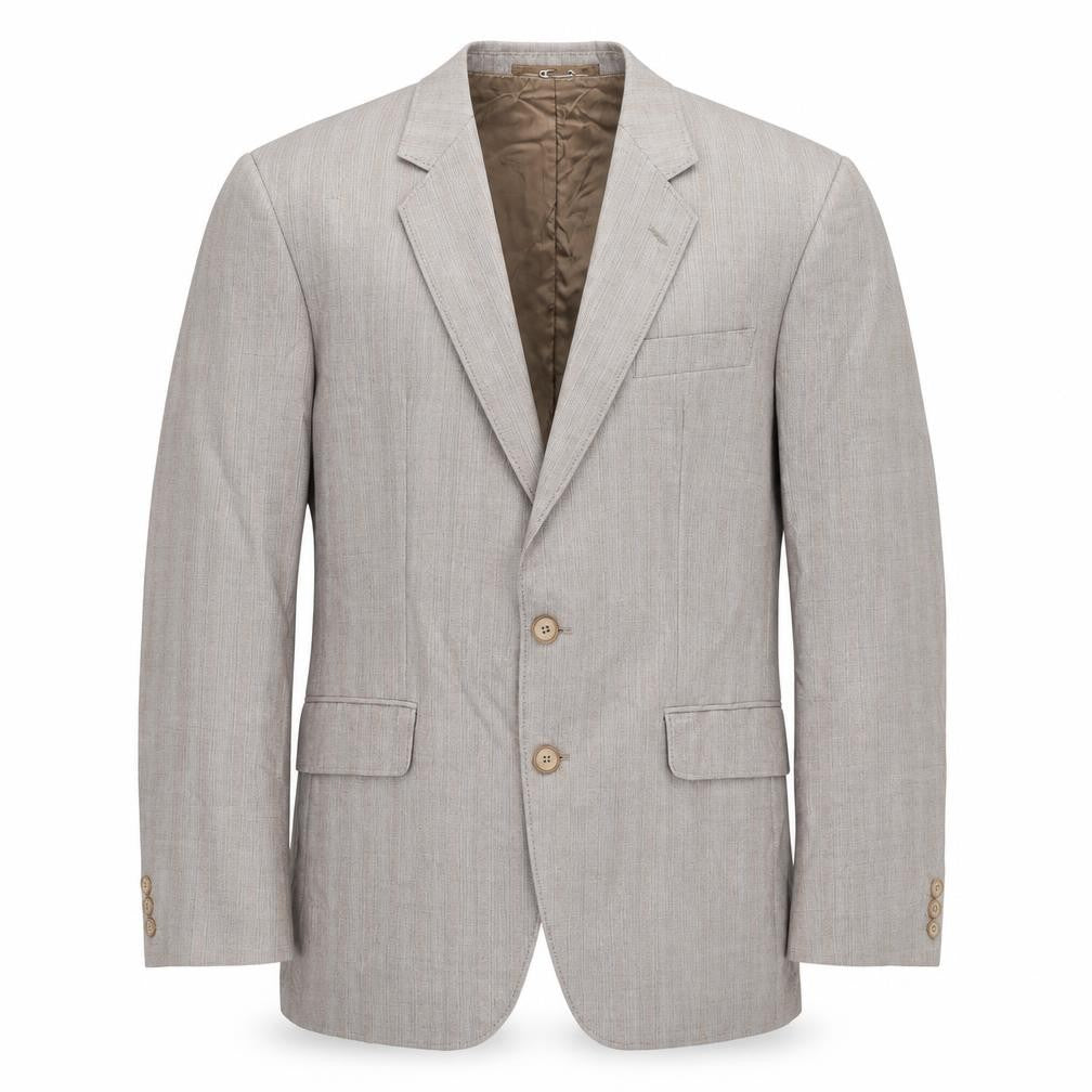 Front view of Trevira men’s grey striped polyester jacket suit jacket, size 42, regular
