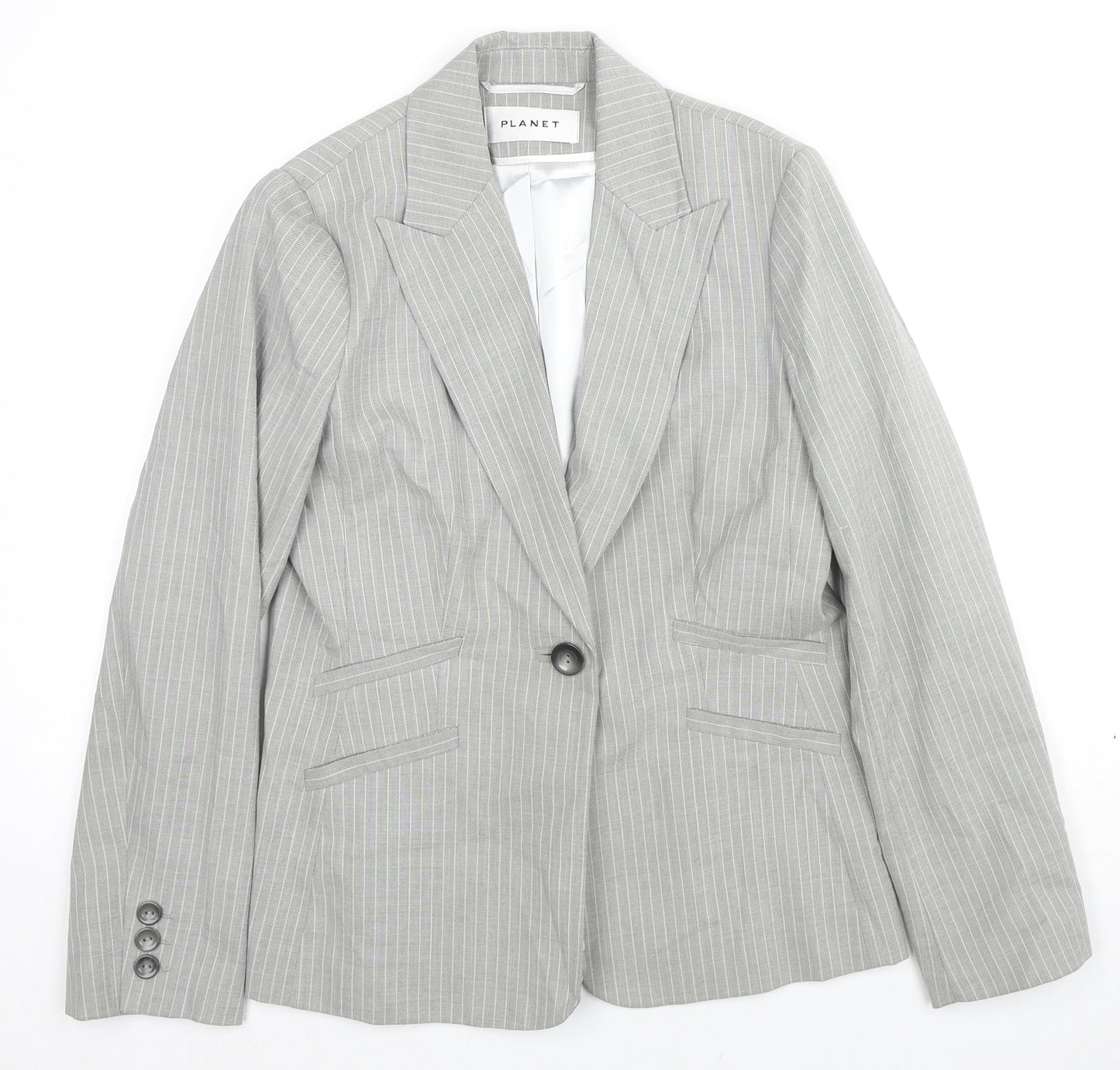 Planet Womens Grey Striped Polyester Jacket Blazer Size 10