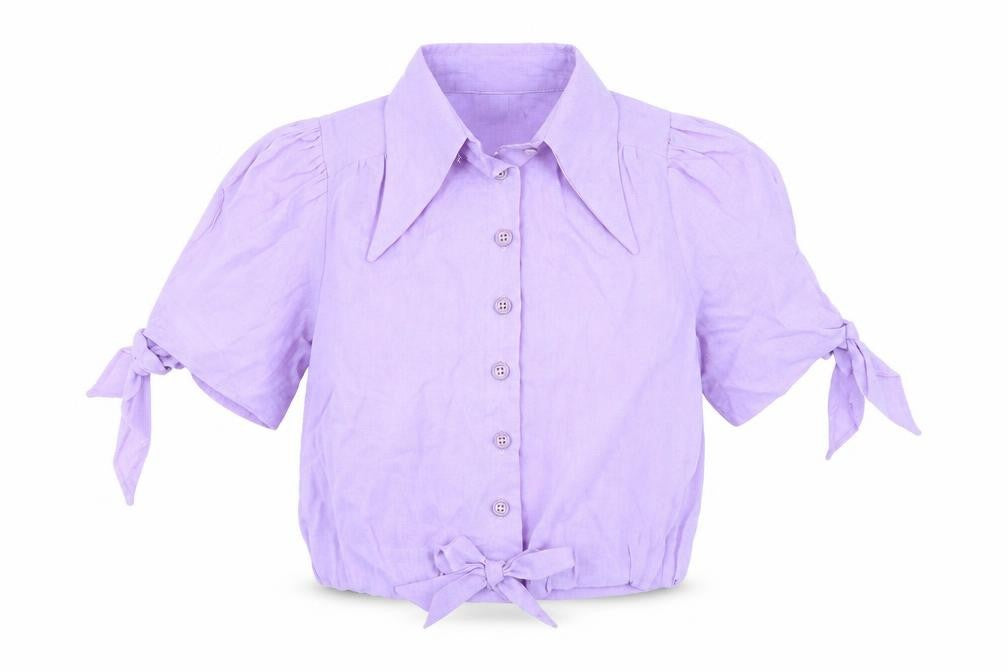 Front view of Looking Glass Original women’s purple polyester cropped button-up, size UK 12, collared