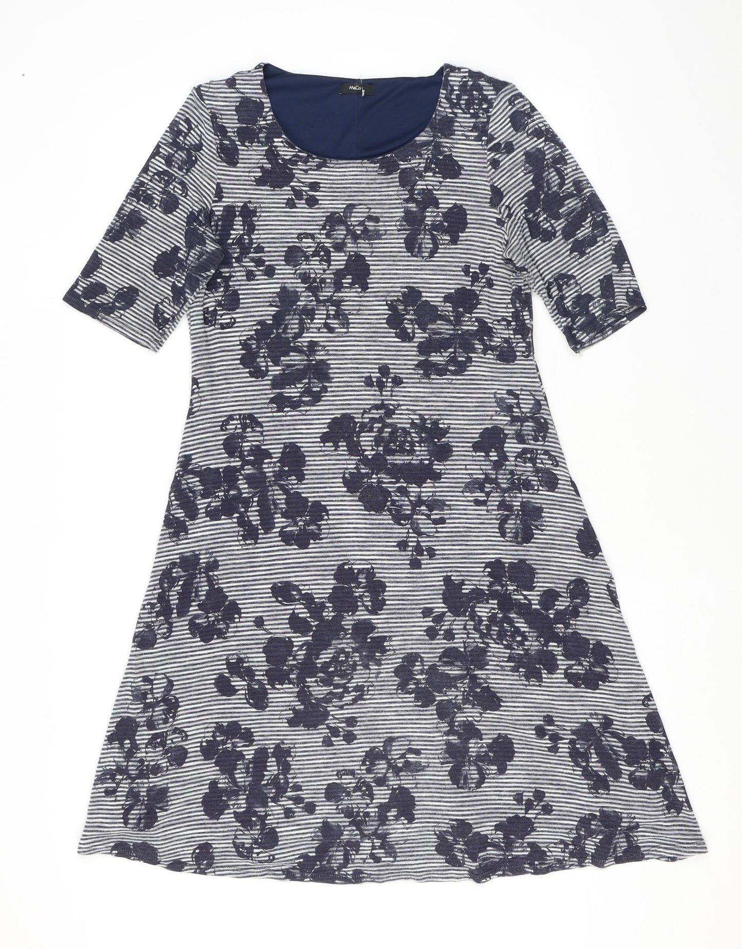 M&Co Womens Blue Floral Viscose A-Line Size 14 Round Neck Pullover