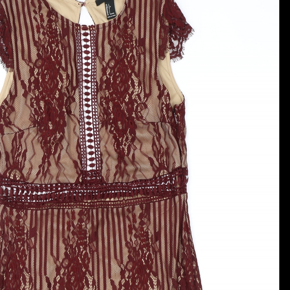 FOREVER 21 Womens Red Nylon Mini Size L Round Neck Button - Lace Open Back