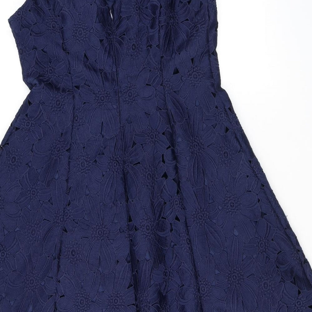 Phase Eight Womens Blue Floral Polyester A-Line Size 14 Round Neck Zip