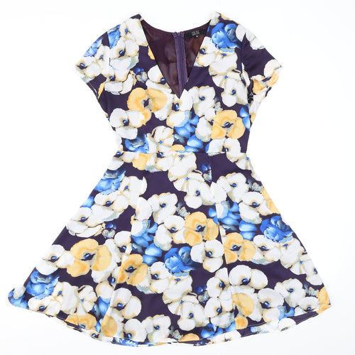 Goldie Womens Blue Floral Polyester Skater Dress Size XS V-Neck Zip